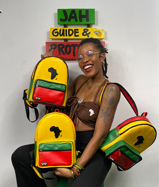ras’pack, rasta backpack, rasta book bag, handmade backpack, reggae backpack, leatherette bag, bag made in jamaica, caribbean products, sew quaint, quaint bags