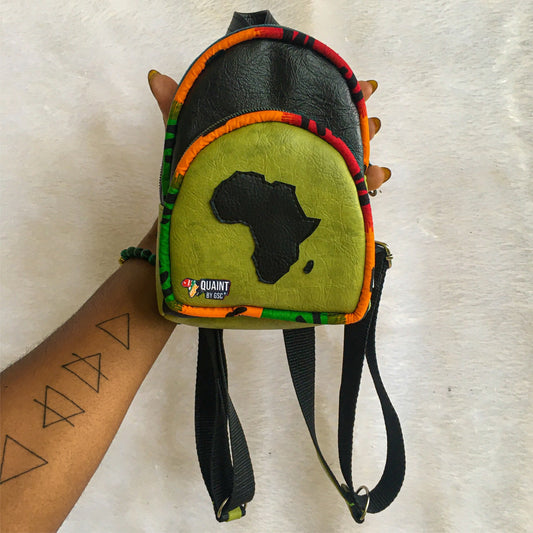 Bitesize Backpack. Cute black and chatreuse green backpack with a map of Africa on the front.