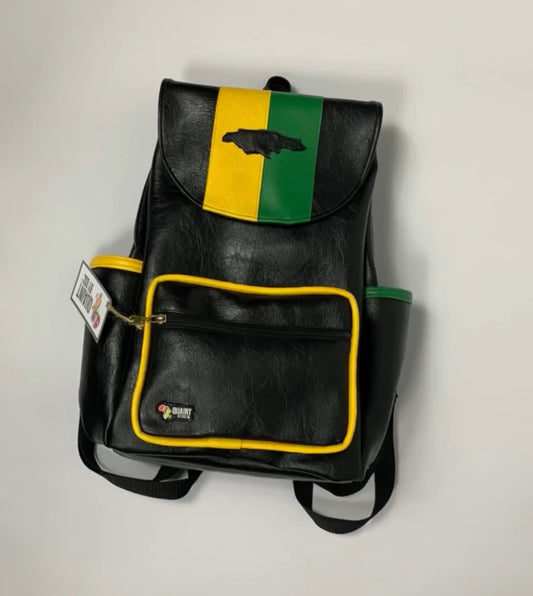 jamaican backpack, made in jamaica, backpack with jamaica flag, leatherette bag, rucksack, book bag, quaint bags, caribbean bag brand