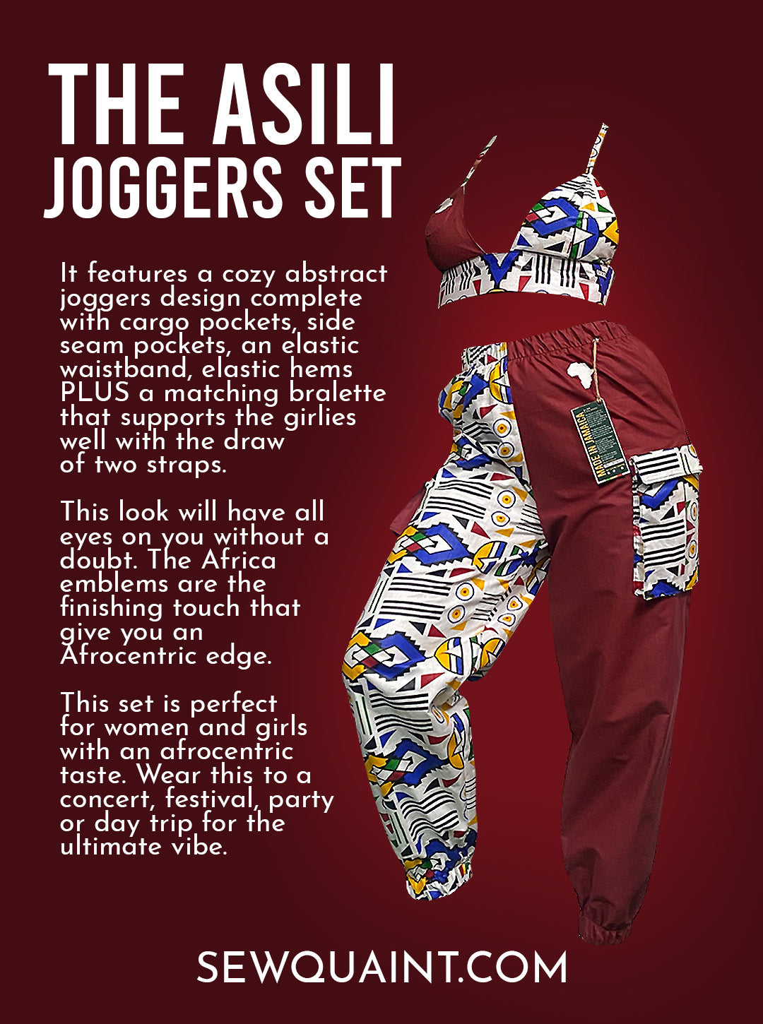 asili jjoggers made by sew quaint with african fabric and solid cotton fabrics with cargo pockets elastic waistbands and elastic hems and sideseam pockets ankara fabric ankara lovers made in jamaica worldwide shipping