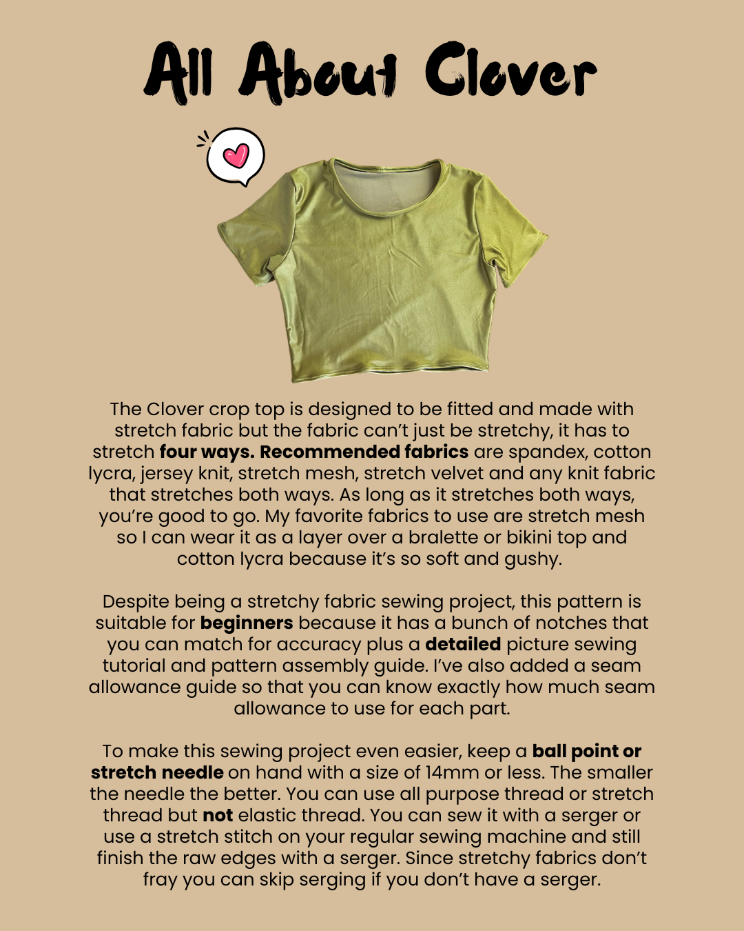 A printed informational sheet titled 'All About Clover' with black text on a warm beige background, explaining stretch fabric properties and sewing pattern compatibility for the Clover crop top.