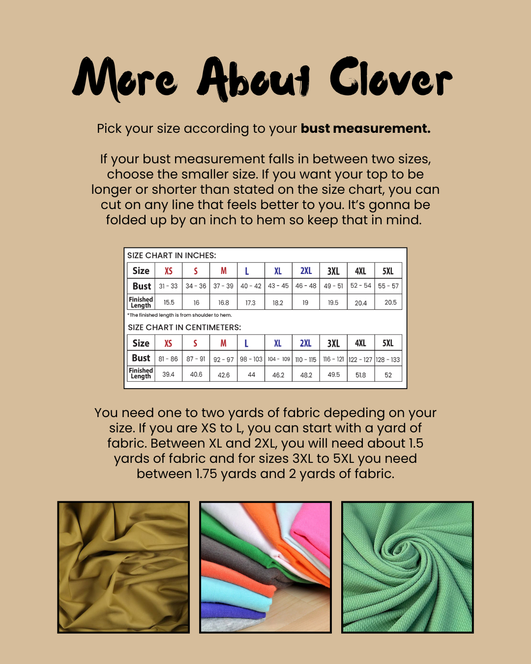 A fabric size guide titled 'More About Clover' with text explaining how to choose a size based on bust measurement, a size chart in inches and centimeters, and three fabric swatches shown at the bottom.
