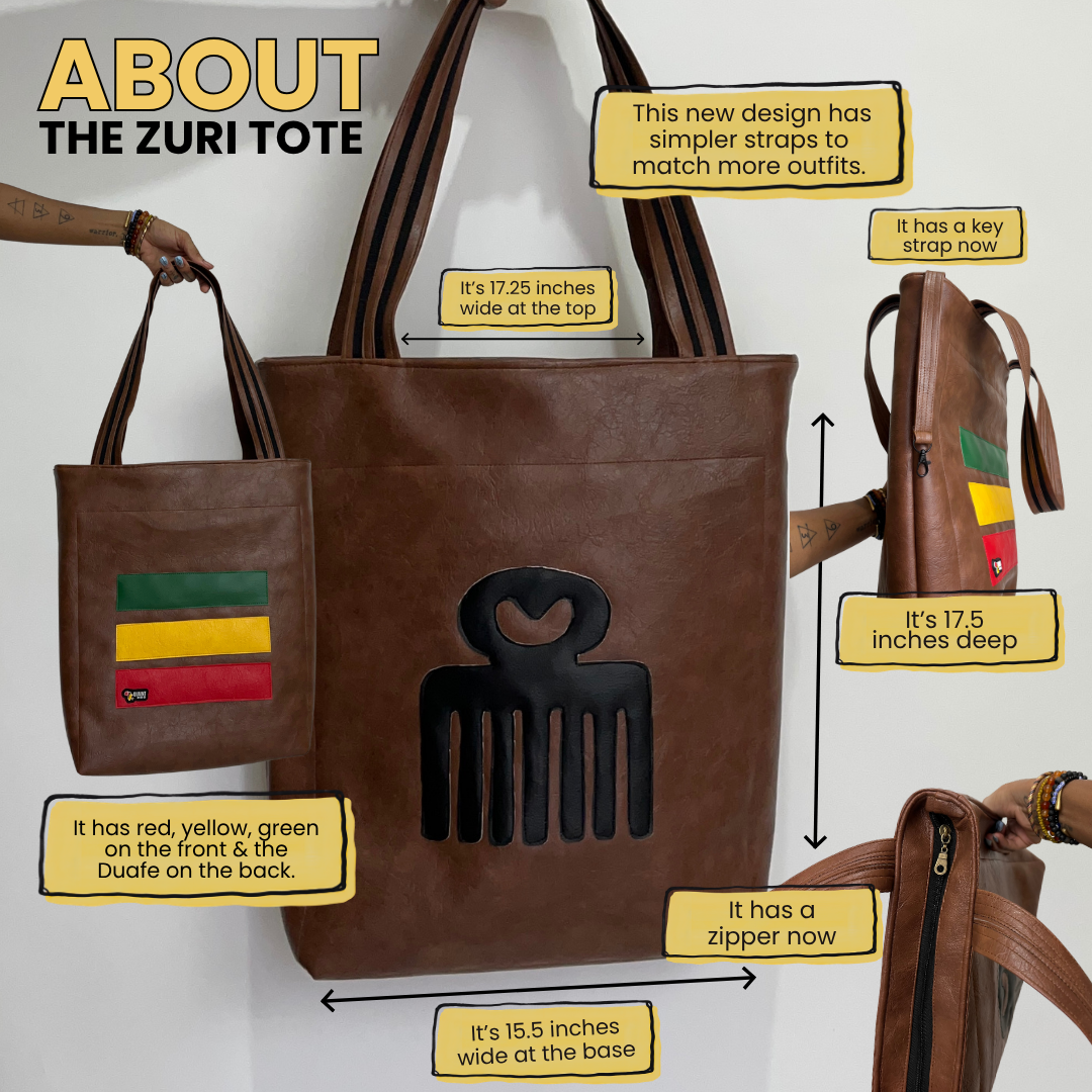 Brown faux-leather tote bag with a black hair-comb style emblem on the front, shown with multiple views and measurement callouts. The image includes text labels describing dimensions and features, and a small flag patch in red, yellow, and green on one bag.